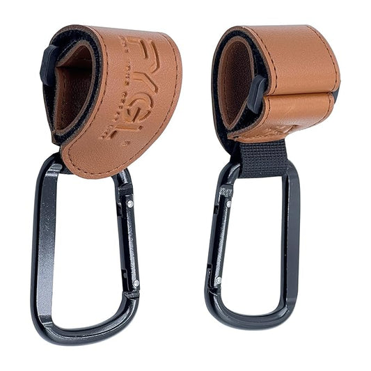 Stroller-Hooks - Adjustable Stroller Carabiner Clips, Universal Stroller Clips and Hooks for Parents and Travelers - Ideal Stroller Accessories for Shopping, Travel, and Baby Gear - Brown, 2 Pack