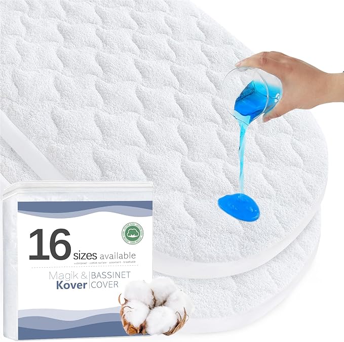 Moses Basket Mattress Pad 16" x 30" - Fit for Plum Sparrow, Baby Delight Slumber/Beside Me Doze, 4moms MamaRoo Sleep Bassinet, Waterproof Quilted Mattress Protector, Cotton Terry Surface
