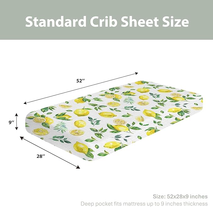 Watercolor Lemons Baby Crib Sheets for Boy Girl 28"x52" Retro Yellow Lemon Green Leaves Soft Snug Fitted Crib Mattress Cover Tropical Summer Fruits Baby Sheet for Standard Crib & Toddler Bed Mattress