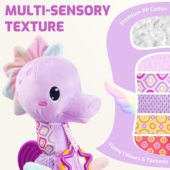 Sumobaby Infant Baby Musical Stuffed Animal Activity Soft Toys with Multi-Sensory Crinkle, Rattle and Textures, for Tummy Time Newborn 0-3-6-12 Months Girls,Seahorses - Purple with Baby Mirror