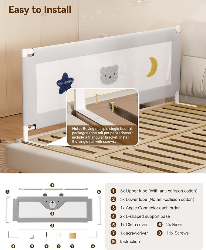Baby Bed Rail Guard for Toddlers, Reinforced 60in Toddler Bed Rails for Queen Bed with Height Adjustable, Extral Tall Child Safety Side Railing Guards/Bedrail for Kids,Grey Star, 1 Side 54" Lx28” H