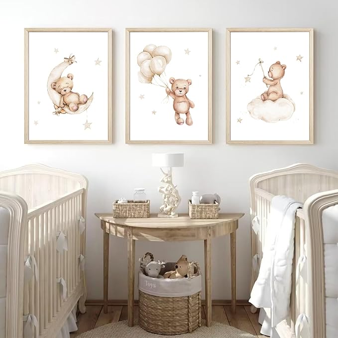 Bear Nursery Wall Art Decor Set of 3 Teddy Bear Canvas Wall Art Baby Boy Nursery Decor Prints Neutral Pictures Moon Star Cloud Print for Girls Children Room 12x16 Inch Wood Framed