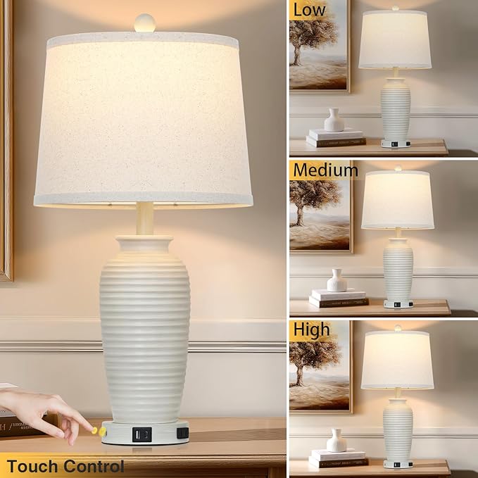 CINSARY 25" Vintage Farmhouse Jar Table Lamps, Single Rustic Bedside Lamp with USB A+C Ports & AC Outlet, Nightstand Lamps for Living Room, Bedroom, End Table, Cream(LED Bulb Included)