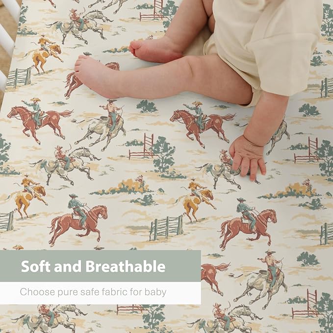 Vintage Western Cowboy Baby Crib Sheets for Boy Girl 28"x52" Retro Cowboy Horse Cactus Soft Stretchy Fitted Crib Mattress Cover Wild Desert Baby Sheet for Standard Crib & Toddler Mattress Pads