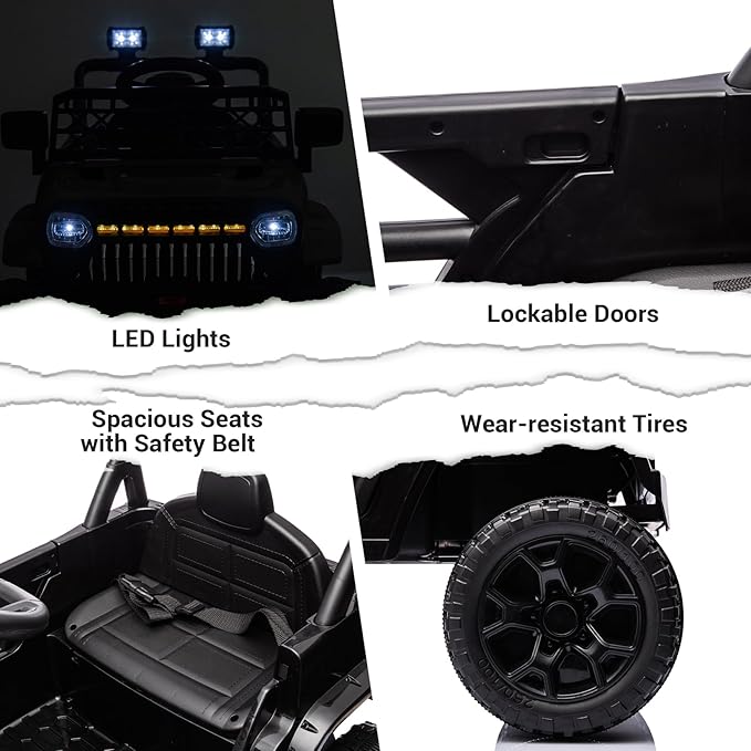 12V Ride On Car for Kids Electric Vehicle Toddlers Battery Powered Truck Car Toy with Remote Control, 4-Wheel Suspension, Battery Display, LED Lights, Music, for Boys Girls, Black