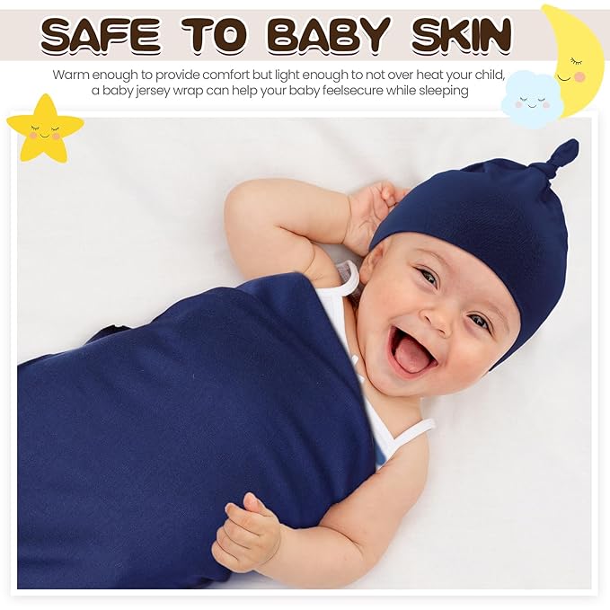 JaGely 2 Pcs Stretchy Baby Swaddle Blankets Set Extra Soft 47" x 47" Baby Newborn Swaddle Blanket and Hat(Navy Blue, Claybank)