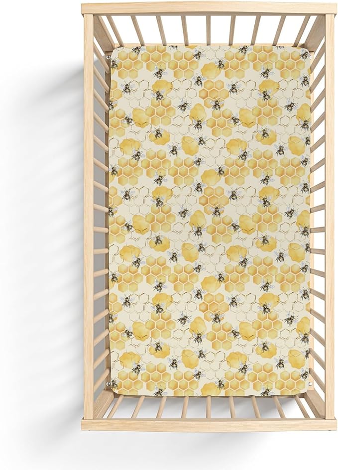 Honeycomb Bees Baby Crib Sheets for Boy Girl 52x28Inch Yellow Bee Honey Soft Stretchy Fitted Crib Mattress Covers Spring Summer Nursery Baby Sheets for Standard Crib and Toddler Bed Mattresses