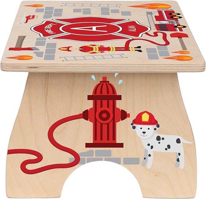 Firefighter Step Stool for Toddlers- Personalized Wood Kids Step Stool with Name for Kitchen Sink, Bathroom, Potty Training, Toilet, Kitchen Sink- Sturdy and Safe Made in USA by BloomOwl (Firefighter)