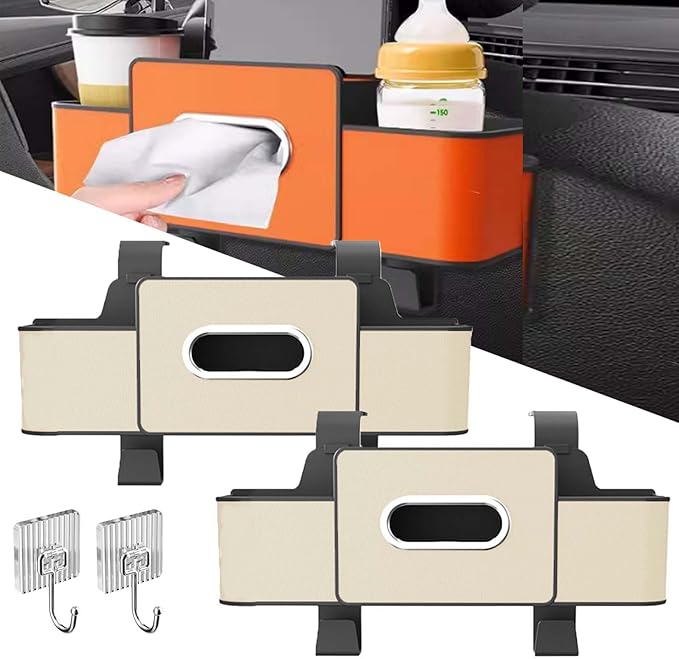 OJEYDFU 3-in-1 Car Backseat Organizer, 2026 Upgraded Multifunctional Car Seat Back Storage Box, Backseat Car Organizer with 2 Cup Holders, Tissue Box & Hooks, Universal Car Essentials (2Pack D)