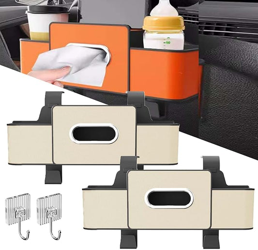 OJEYDFU 3-in-1 Car Backseat Organizer, 2026 Upgraded Multifunctional Car Seat Back Storage Box, Backseat Car Organizer with 2 Cup Holders, Tissue Box & Hooks, Universal Car Essentials (2Pack D)