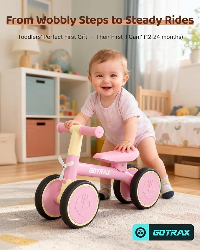 Gotrax Baby Balance Bike 1-2 Years, 7" Front & Rear Silent Wheels, Sturdy Steel Frame 66 lbs Load, Quick 2-Min Assembly, CPC Certified, Comfortable Soft Seat, Toddler Birthday Gift for Boys&Girls Pink