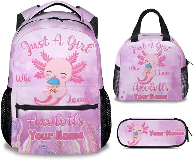COZYAURA Personalized Kids Backpack with Lunch Box - Cute Axolotl Preppy Backpack for School - Lightweight Pink Backpacks for Girls