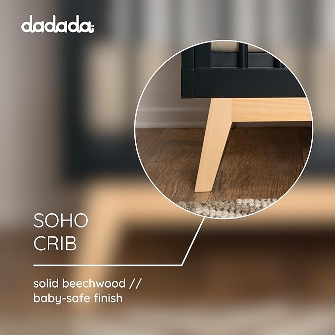 dadada Baby Soho 3-in-1 Convertible Wooden Crib to Toddler Bed - Made in Italy, GREENGUARD Gold Certified, Baby-Safe Finish, Handcrafted Beechwood, Modern Design, 3 Adjustable Heights (Black/Natural)
