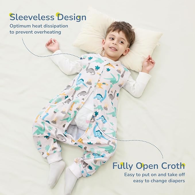WONDAY Baby Sleep Sack with Feet, Toddler Wearable Blanket with Leg 0.5 Tog Sleeveless Sleep Sacks for Baby (Dino,3T-5T)