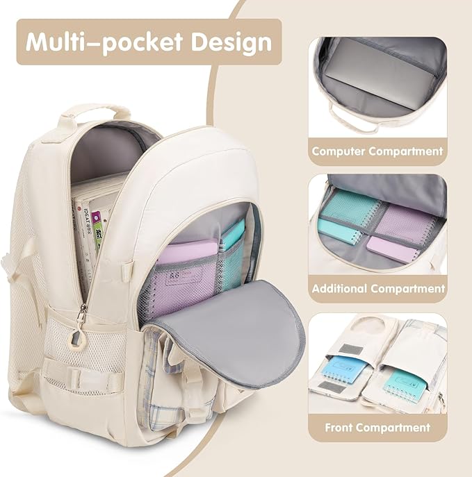ACESAK Backpack for Girls - Bookbag Backpacks Schoolbag for Girls Kids Teen Women Casual Travel Daypacks - School Bag Elementary Middle School College Cute Backpack with Lunch Box (Beige)