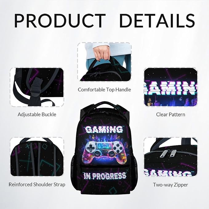 COZYAURA Backpacks for Boys - 3Pcs Video Gaming Bookbag for Kids - Gamer School Bag for Boys - Kids Backpacks with Lunch Box Pencil Case Set