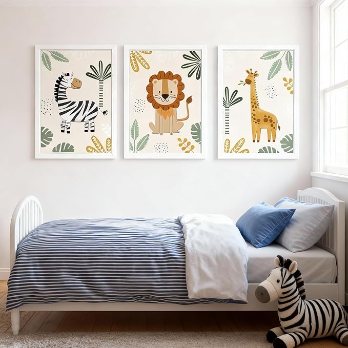 Cute Zebra Lion Giraffe Quote Framed Wall Art Set of 3, 11x16 Boho Educational Animal Wall Sign for Baby Girl Kid Boy Toddlers, Wooden Inspirational Nursery Wall Decor White