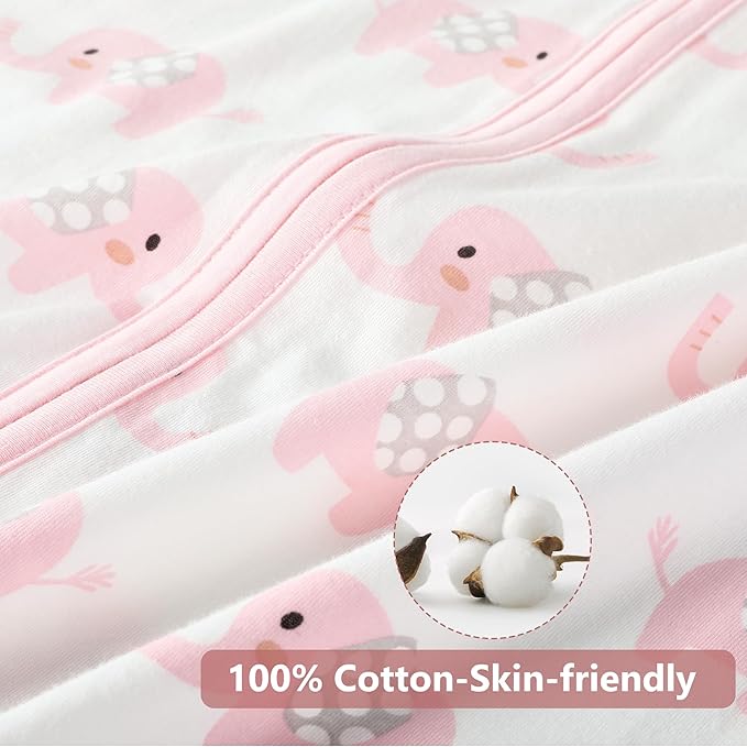 TILLYOU 2 Pack Infant Sleep Sack 0-6 Months 100% Cotton Wearable Blanket 0.5 TOG Sleeveless Summer Sleep Sacks with 2-Way Zipper, Pink Elephant