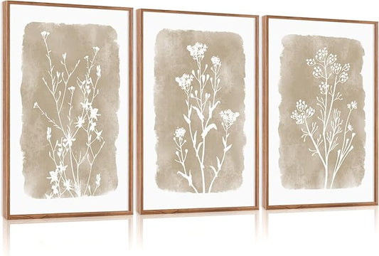 CHDITB Botanical Farmhouse Wall Art Set, Framed Boho Plant Wall Decor, Neutral Minimalist Floral Wall Painting, Rustic Wildflower Canvas Art Prints for Living Room, Bedroom, Bathroom - Large 16"x24"x3