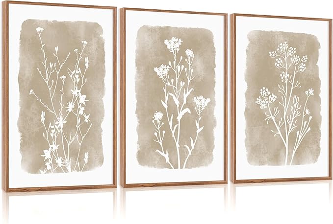 CHDITB Neutral Botanical Wall Art Set of 3, 24"x36" Large Framed Boho Farmhouse Wall Decor, Modern Minimalist Floral Wall Painting, Rustic Wildflower Canvas Art Prints for Living Room, Bedroom