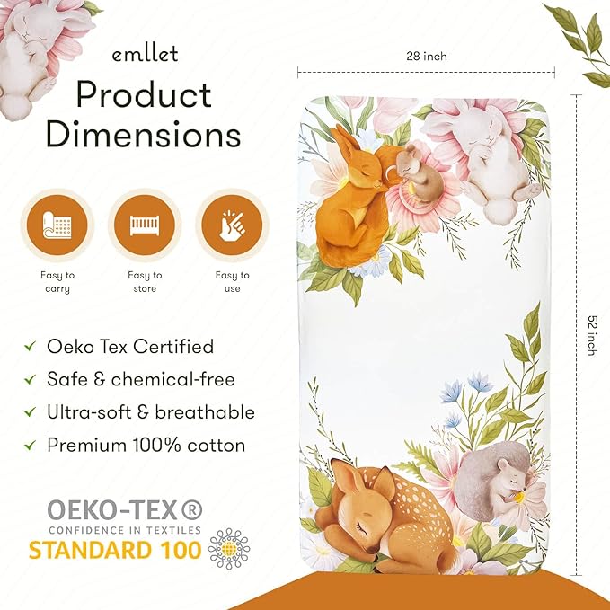 100% Cotton Fitted Crib Sheet, Forest Friends Woodland Animals Theme, Cozy Baby Nursery Bedding, Standard Size 52 x 28 in