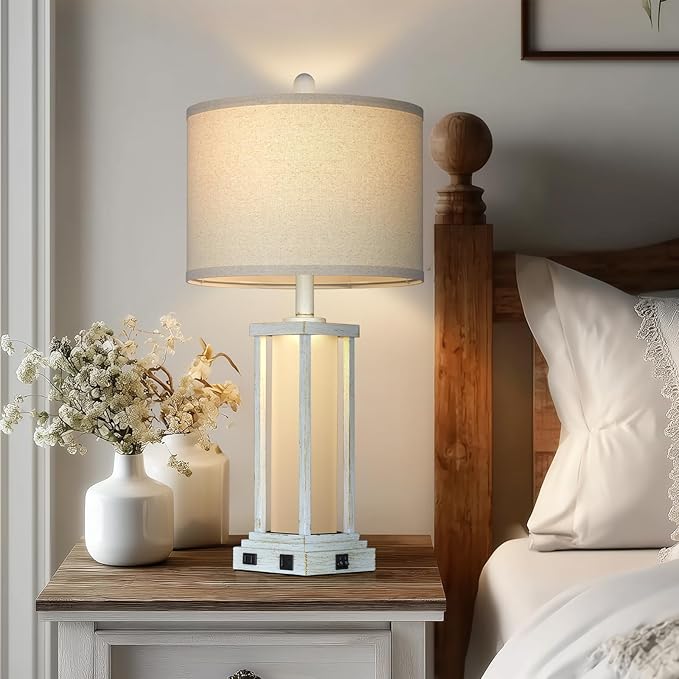 Cinkeda 27" Tall Vintage Table Lamp Set of 2 with USB C+A & Outlet,Nightstand Lamp for Living Room,Bedside Lamps with Frosted Glass Night Light for Bedroom Entryway,White