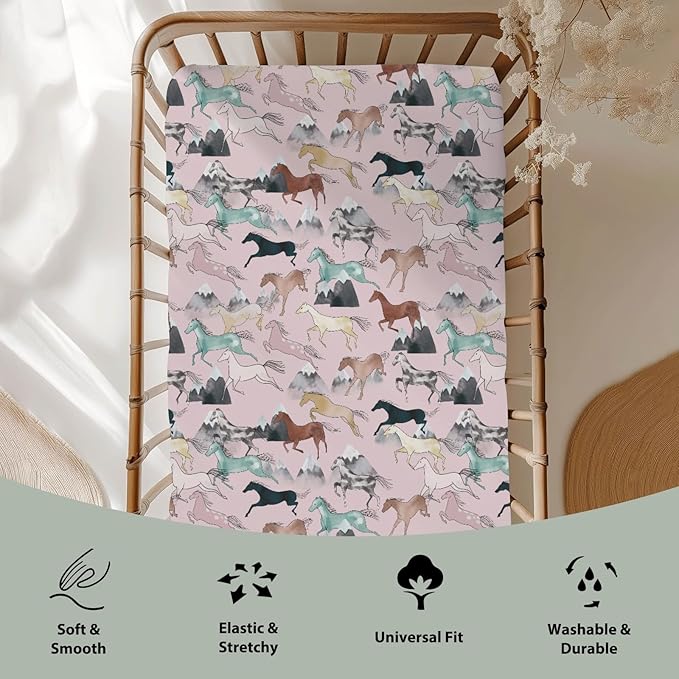 Boho Horses Mountains Baby Crib Sheets for Boy Girl 28"x52" Wild Horses Blossom Soft Snug Fitted Crib Mattress Covers Horse Lovers Nursery Baby Sheet for Standard Crib & Toddler Bed Mattress Pink