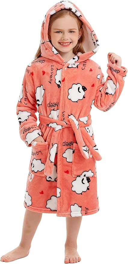 Toddler Robes Cute Pattern Bathrobe Unisex Kids Robe Baby Flannel Hoodie Pajamas Sleepwear