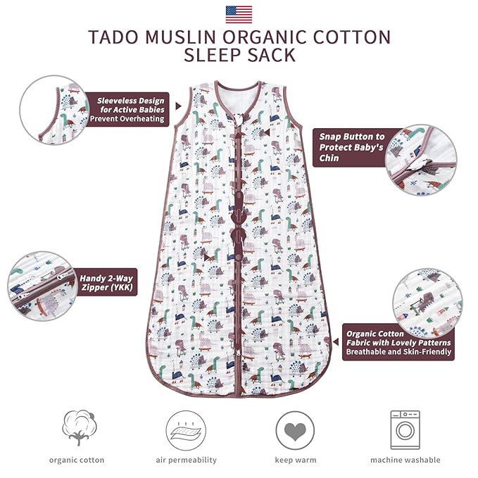 Baby Sleep Sack 2-4 T Baby Wearable Blanket 100% Organic Cotton 0.5 TOG Toddler Sleep Sacks 2- Way Zipper Soft 4 Layers Muslin 2T 3T 4T Dinosaur