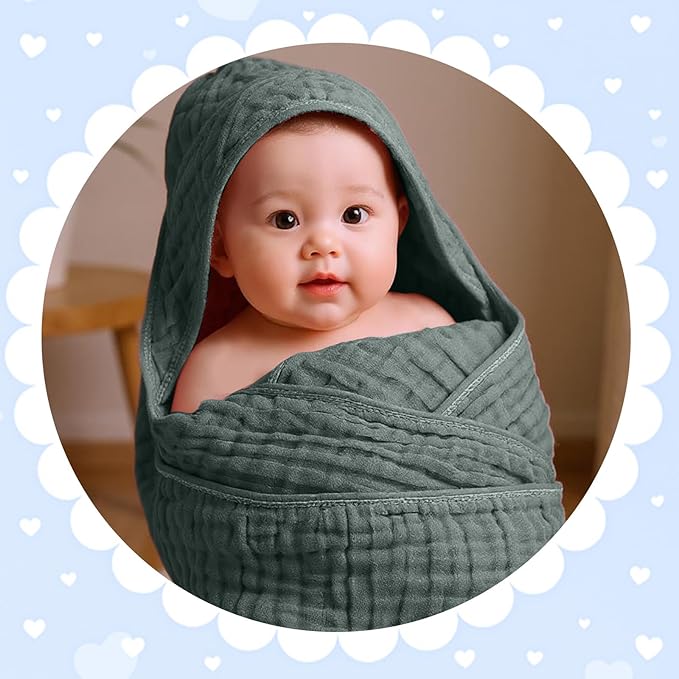 Peryiter 6 Pcs Muslin Hooded Baby Towels, 32x 32'' Cotton Newborn Bath Towel Muslin Infant Baby Blankets Absorbent Unisex Christmas Registry Gift Essentials for Girls Boys (Green Series)
