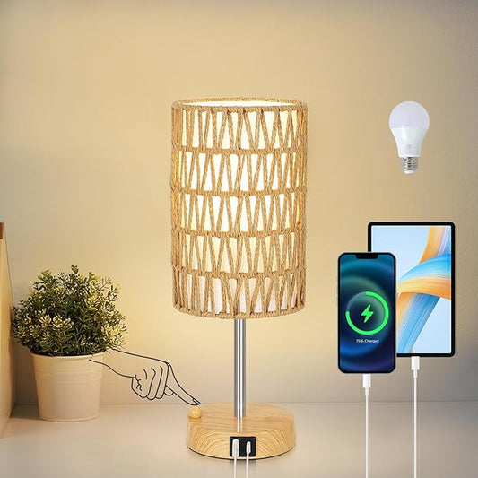 Eayaya Boho Table Lamp for Bedroom with Bulb, Small Touch Control Table Lamp for Living Room with Rattan & Linen Shade, 3 Way Dimmable Bedside Lamp for Nightstand with USB Charging Port & Phone Stand