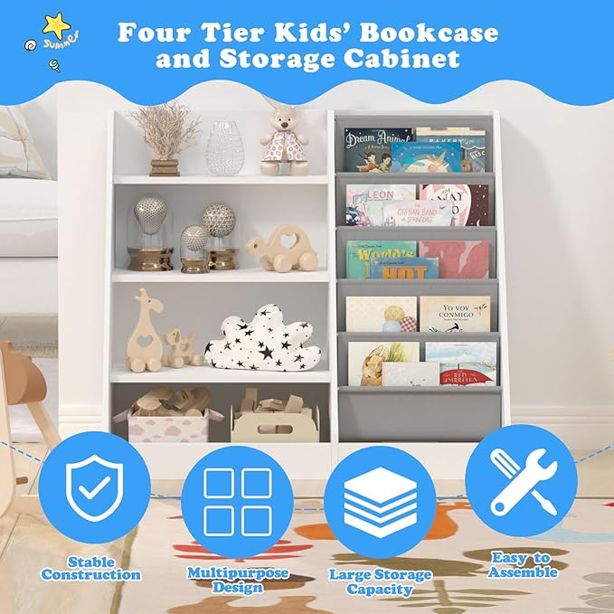 HedoAjim 4 Tier Kids Wooden Bookshelf, 5 Layer Sling Toddler Bookcase,Baby Storage Book Rack,Book and Toy Organizer Cabinet,Children Book Display,Playroom Nursery Classroom Kid Room