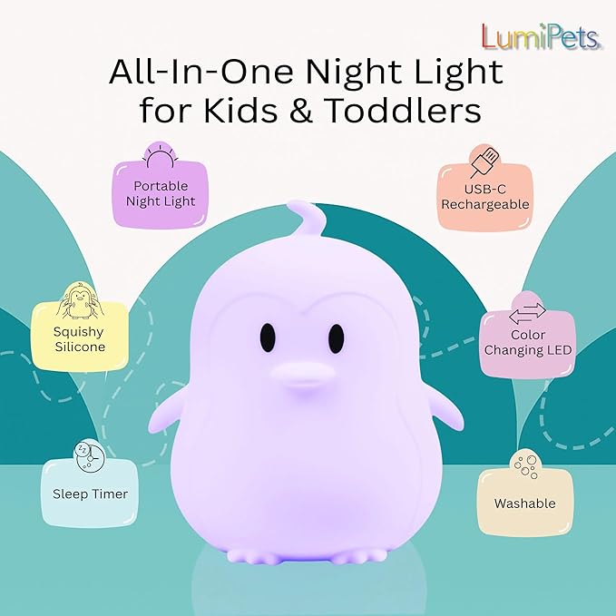 Lumipets Remote Control Silicone Night Light for Kids - Penguin Design with 9 Soft Colors & Sleep Timer - Rechargeable, Battery-Operated Lamp for Bedroom | Baby Nursery, Toddler, Girls, Boys