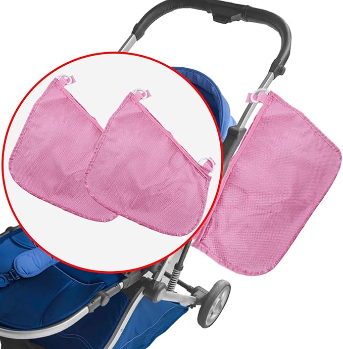 Anglepingping 2 Pack Universal Side Sling Stroller Cargo Net, Non-Slip and Adjustable Straps Storage Mesh Bag,Portable Mesh Storage Organizer (Pink)