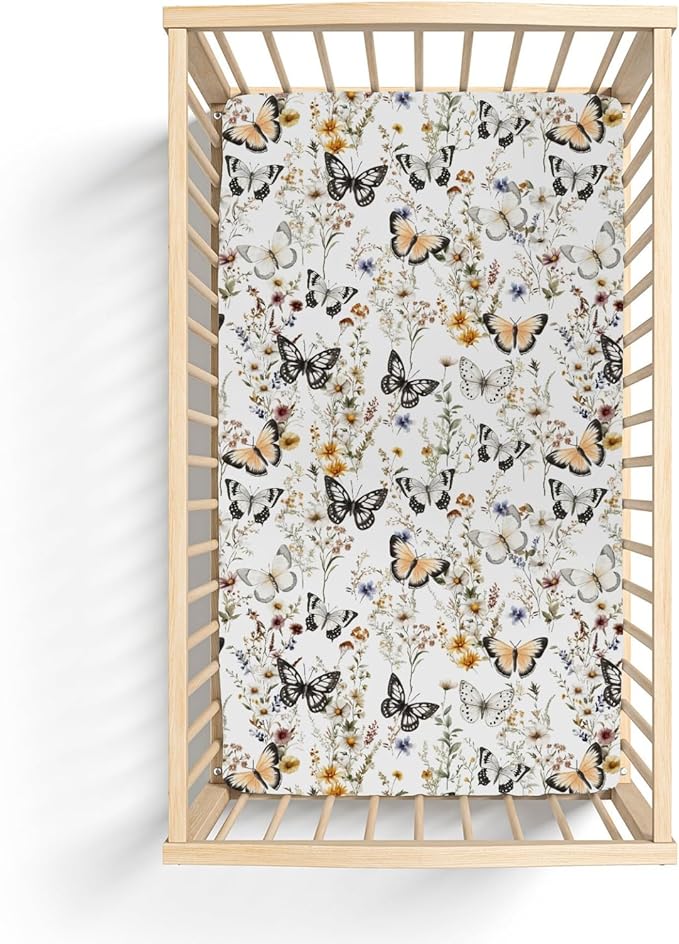 Boho Floral Butterflies Baby Crib Sheets for Boy Girl 52"x28" Vintage Wildflowers Leaves Soft Stretchy Fitted Crib Mattress Cover Retro Spring Summer Baby Sheet for Crib and Toddler Bed Mattresses