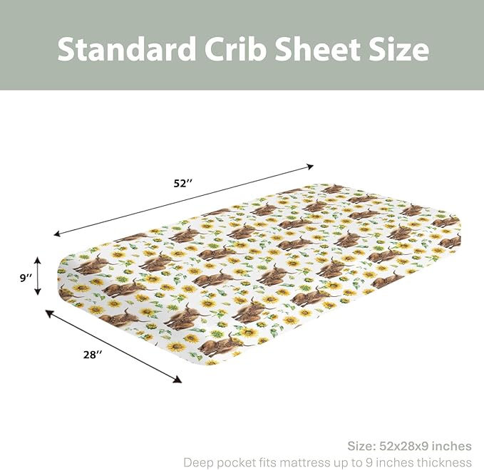 Highland Cow Sunflowers Baby Crib Sheets for Boy Girl 52"x28" Highland Cattle Yak Floral Soft Snug Fitted Crib Mattress Cover Farmland Animal Baby Sheet for Standard Crib & Toddler Bed Mattress