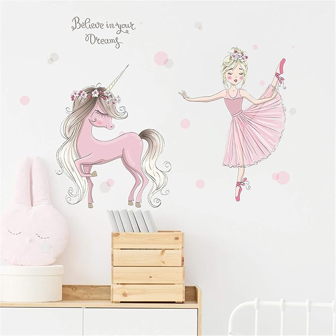 ROFARSO Colorful Cute Lovely Wall Stickers for Kids Peel and Stick Removable Wall Decals DIY Decorations Decor for Nursery Baby Girls Bedroom Playroom Living Room (Ballet Girl with Unicorn)