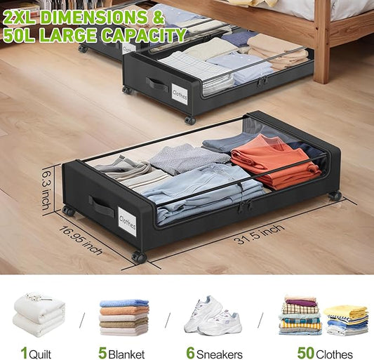 Molutsody Under Bed Storage with Wheels, 4-Pack Underbed Storage Containers with Clear Lids, Under Bed Shoe Storage Organizer, Rolling Under Bed Storage for Clothes Shoes Blankets (Black)