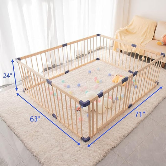 Wooden Baby Playpen Activity Center, Foldable Playpen for Babies and Toddlers, Large Baby Fence Play Area with Safety Gate for Indoor Use, Corrales para Bebes, Kids Safety, 63.00"x 70.90"x24"