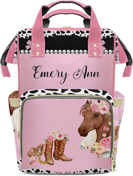 Personalized Cowgirl Horse Floral Custom with Name Diaper Bag Backpack For Baby Boy Girl Dad Mom Unisex for Adult Daypack Holiday Gift