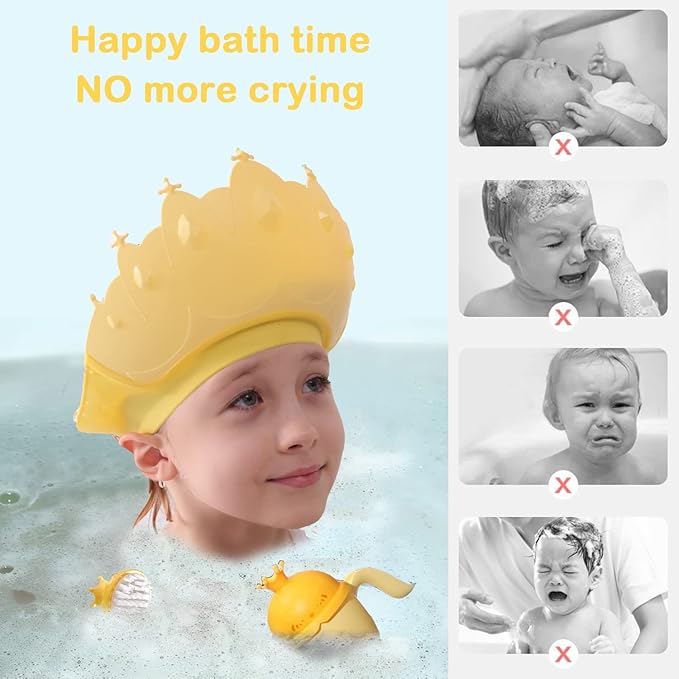 Baby Shower Cap Shield, Baby bath set shower cap/water cup/massage brush,Visor Hat for Eye and Ear Protection for 0-9 Years Old Children,Cute Crown Shape Makes the Baby Bath More Fun (Yellow)