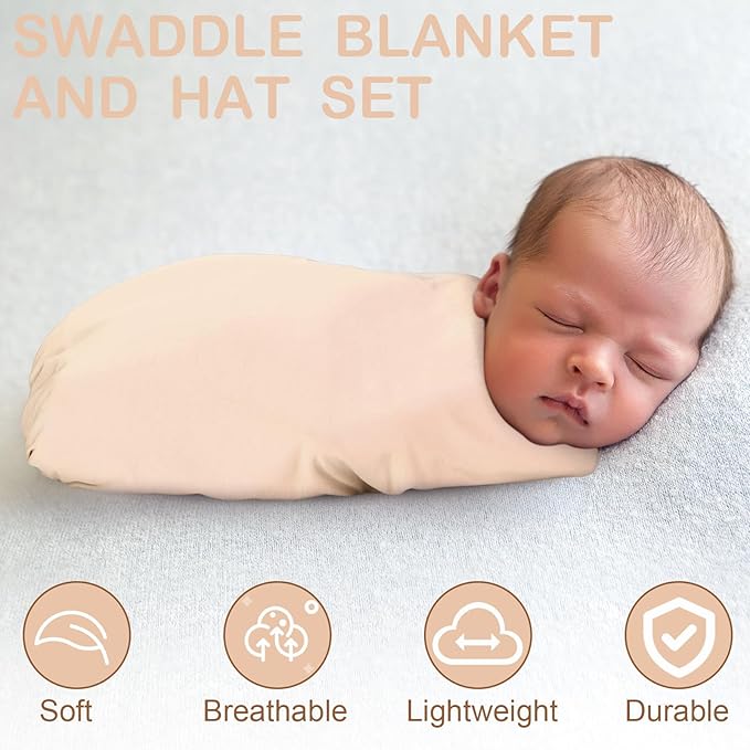 JaGely 2 Pcs Stretchy Baby Swaddle Blankets Set Extra Soft 47" x 47" Baby Newborn Swaddle Blanket and Hat(Green, Apricot)