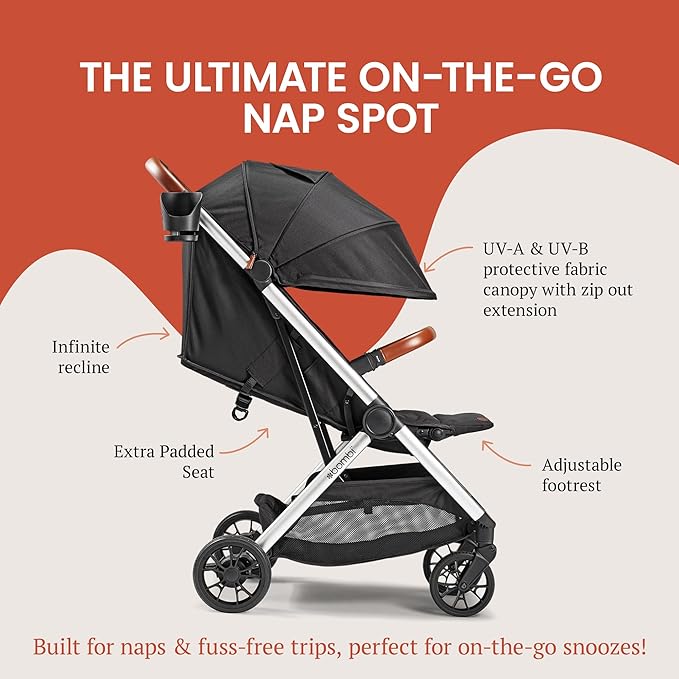 Bombi Bēbee V2 Lightweight Baby Stroller - Premium Vegan Leather, One-Hand Fold, Infinite Recline, Aircraft-Grade Aluminum Frame, XXL Canopy, and Ample Storage Umbrella Stroller - Onyx