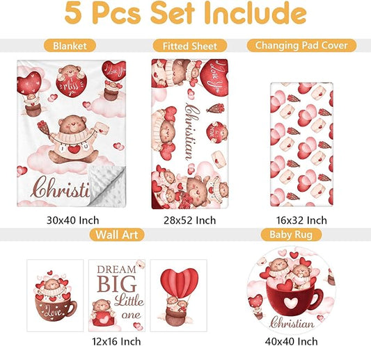 Custom Crib Bedding Set, 5 Pcs Personalized Name Nursery Bedding Set with Double Layer Flannel Blanket, Heart & Bear Baby Crib Set for Girls Boys, Customized Gifts for Infants Babies Toddlers