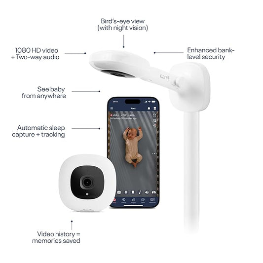 Nanit Essentials Smart Baby Monitor with Wall Mount – 1080p HD Wi-Fi Camera, Sensor-Free Breathing Monitoring, Sleep Tracking, Two-Way Audio, Night Vision, Sound & Motion Notifications, White
