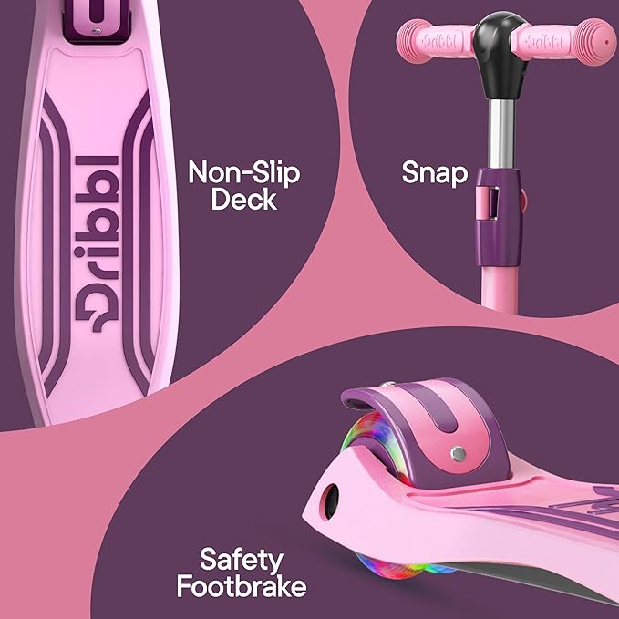 Dribbl 3-Wheel Kids Scooter - Lean-to-Steer Technology, Adjustable Height Handlebar, Wide Deck, Scooter for Boys & Girls Ages 3+, Child Safety Approved, Support Riders Up to 165 lbs, Purple and Pink