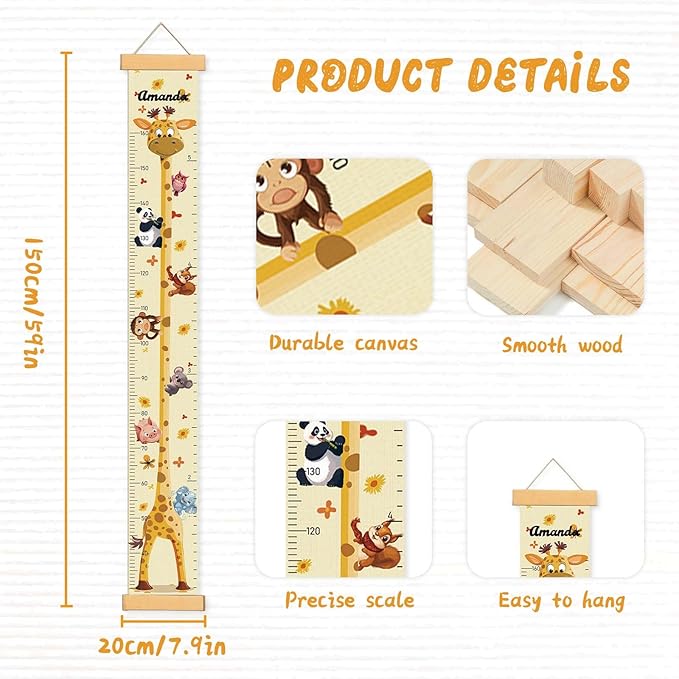 Woodemon Customize Name Growth Chart Wall, Funny Giraffe Premium Canvas Removable Height Chart for Kids, Height Measurement for Wall, Unisex Kids Room Wall Decor, Measuring Height Charts