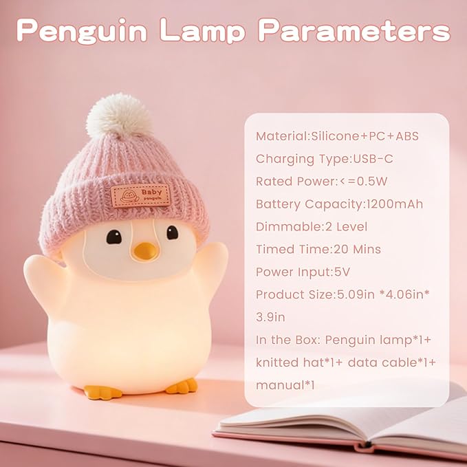FAMIDUO Penguin Night Light, Cute Pink Penguin Lamp with Knit Hat, Soft Silicone Nursery Nightlight for Baby, Rechargeable/Dimmable/Timer,LED Squishy Novelty Animal Bedside Lamp,Funny Gifts for Kids