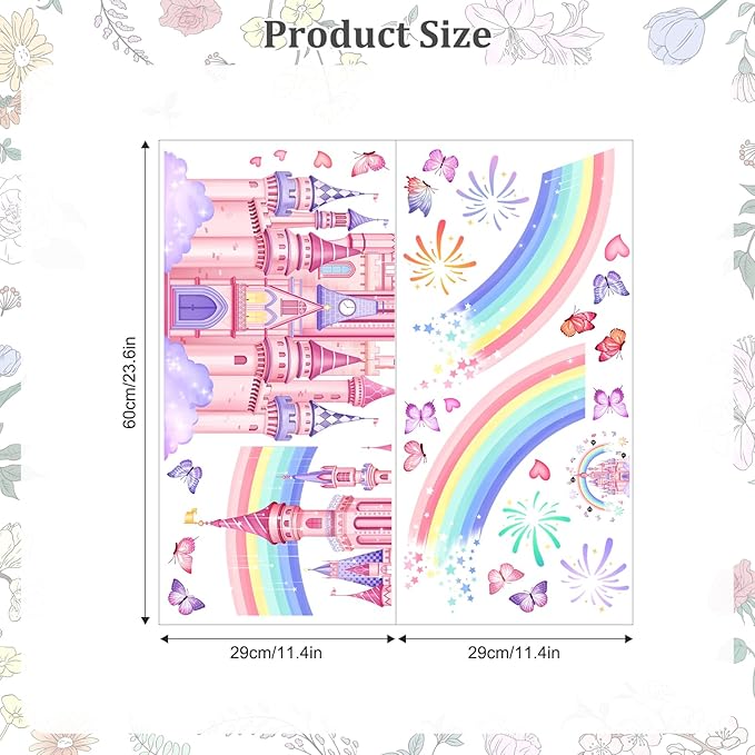 Rainbow Castle Wall Stickers, Watercolor Fireworks Butterflies Wall Decals Peel and Stick Wall Decal Self Adhesive Home Decor for Girls Nursery Kids Room