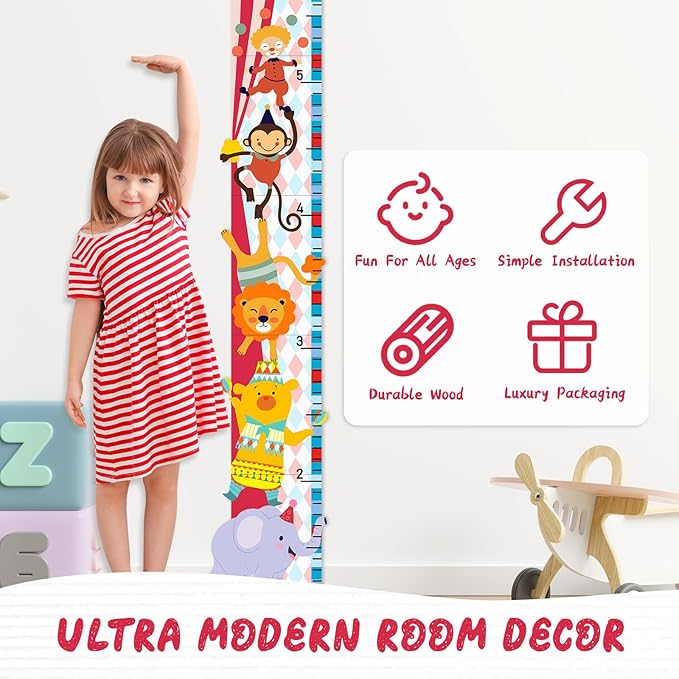 Woodemon Personalized Growth Chart for Wall, Circus Animals Height Measurement for Kids, Wooden Growth Chart for Kids Room Nursery Wall Decor